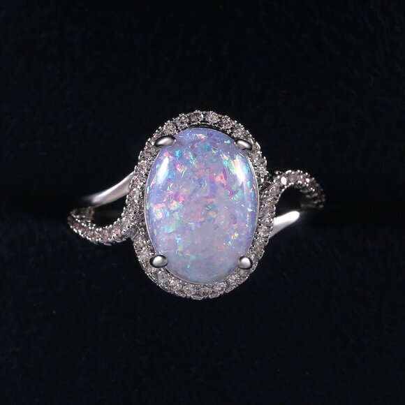 925 Silver Plated Dazzling Large Oval Gemstone Opal Ring for Women, VIP067 - Picture 2 of 7